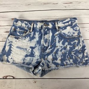 Y2K Forever 21 Denim Acid Wash Shorts W/Rhinestones Beach Grunge Bleached